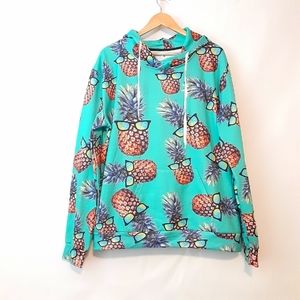 Pineapple athletic hoodie pullover blue turquoise lightweight unisex sz 2XL